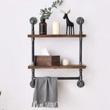 Industrial Pipe Shelf Rustic Wall Shelves with Towel Bar 24" Towel Racks for Bathroom 2-Layer Wood Hanging Shelving