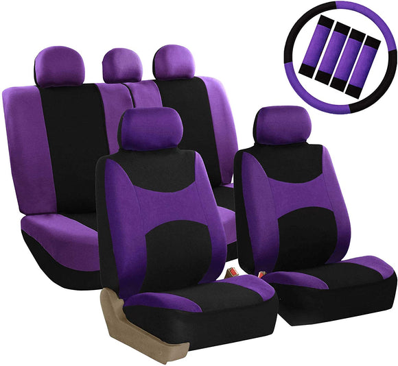 FH Group FB030PURPLE-COMBO Seat Cover Combo Set with Steering Wheel Cover and Seat Belt Pad (Airbag Compatible and Split Bench Purple)