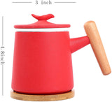 Ceramic Tea Cup with Infuser、saucer and Lid Tea Mugs Wooden Handle 12 oz（Red）