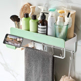 Adhesive Bathroom Shelf with Towel Bar, Volpone Stick on Bathroom Kitchen Storage Organizer with Hooks, Suction Shower Shelf Wall Caddy with Phone Holder No Drilling(Blue)