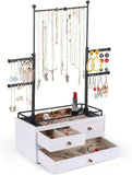 Jewelry Organizer - 2 Layer Wooden Jewelry Drawer Storage Box with 6 Tier Jewelry Tree Stand, Jewelry Display for Necklaces Bracelet Earring Ring (Carbonized Black)