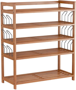 HOMFA Bamboo Shoe Shelf Storage Organizer 5-Tier with 12 Hanging Bar Entryway Shoe Rack, Home Shelf Storage Cabinet for Shoes, Books and Flowerpots Natural