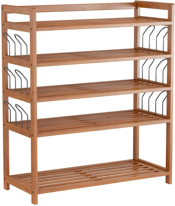 HOMFA Bamboo Shoe Shelf Storage Organizer 5-Tier with 12 Hanging Bar Entryway Shoe Rack, Home Shelf Storage Cabinet for Shoes, Books and Flowerpots Natural