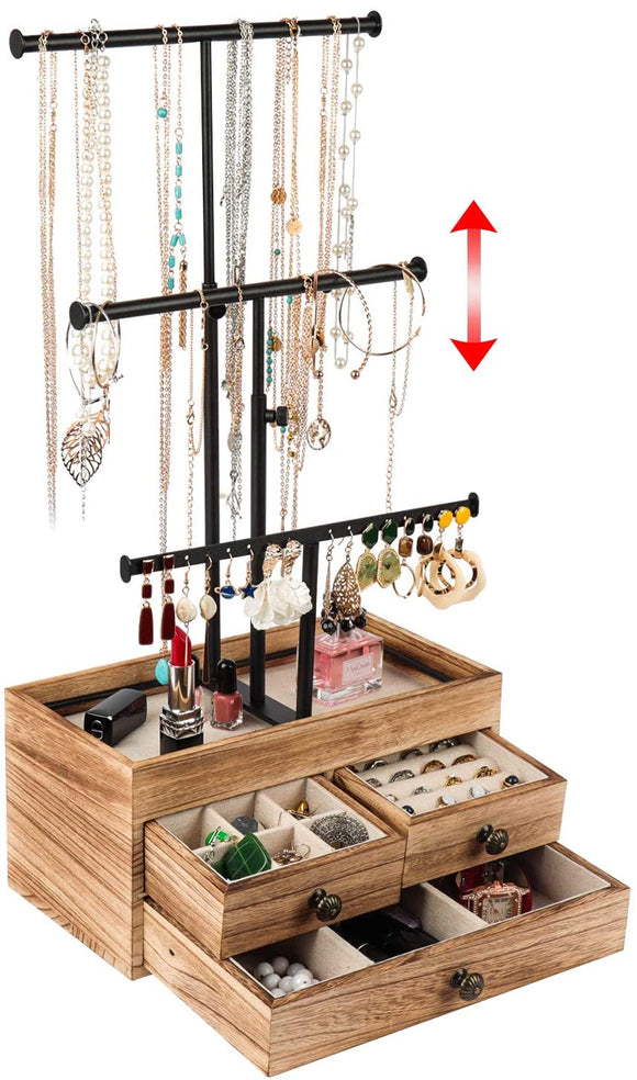 X-cosrack Jewelry Tree Stand Organizer 3 Tier Metal Jewelry Holder Stand with Wood Basic Storage Box, Adjustable Height Holder Display for Necklaces Earrings Bracelets and Rings, Carbonized Black