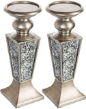 Creative Scents Schonwerk Pillar Candle Holder Set of 2- Crackled Mosaic Design- Home Coffee Table Decor Decorations Centerpiece for Dining/ Living Room- Best Wedding Gift (Silver)