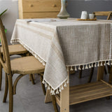 HPX HOME Solid Embroidery Striped Tassel Rectangle Heavy Weight Cotton Linen Dust-Proof Brown Tablecloths for Party Table Cover Kitchen Dinning Picnic Tabletop Decoration