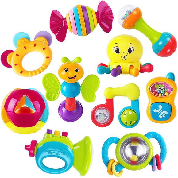 10pcs Baby Rattle Toys, Infant Shaker, Teether, Grab and Spin Rattles, Musical Toy Set, Early Educational, Newborn Baby Gifts for 0, 3, 6, 9, 12 Months, Girls, Boys