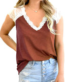 Women Crochet Lace Basic V-Neck T-Shirt Short Sleeve Loose Fitting Tunic