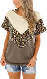 Women's Summer Short Sleeve Leopard Patchwork Striped T-Shirt