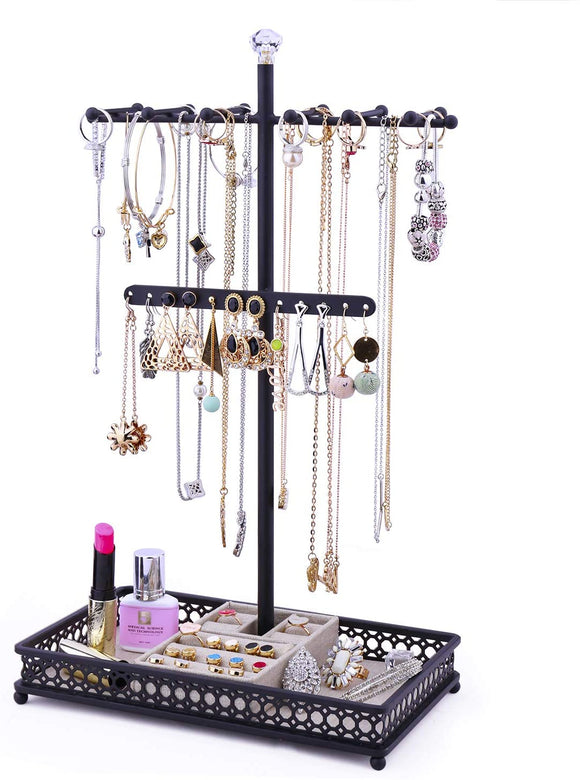 Meangood Jewelry Tree Stand Organizer 3in1 Necklace Organizer Display Bracelet Earrings and Ring Tray Jewelry Holder Hanger Metal（Black）