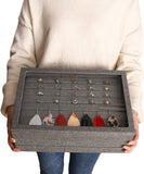 Mebbay Sackcloth Stackable Jewelry Trays Organizer Set with Clear Lid, Jewelry Storage Display Trays for Drawer, Earring Necklace Bracelet Ring Organizer - Set of 4 (Grey-Black)