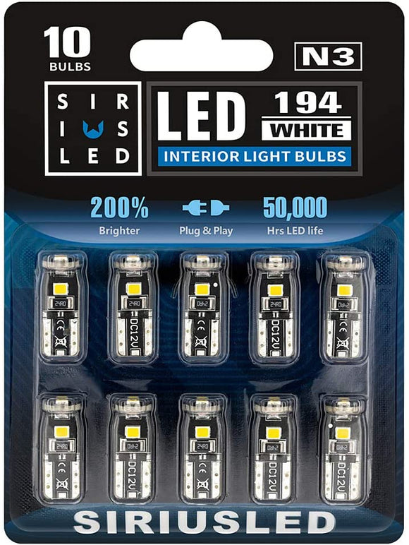 SIRIUSLED 194 LED Bulbs Extremely Super Bright 3030 Chipset for Car truck Interior Dome Map Door Courtesy Marker License Plate Lights Compact Wedge T10 168 2825 Xenon White Pack of 10