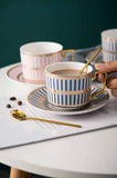 Euro Style Cup& Saucer Set ，6.8oz Bone China Ceramic Beautifulblue Matte Glazed with Saucers & Spoon, Mug with Golden Handle, for Cappuccino, Dessert, Latte, Mocha,Espresso, Modern Design。 (blue)