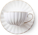 BTaT- Tea Cups and Saucers, Set of 6 (7 oz) with Gold Trim and Gift Box, Cappuccino Cups, Coffee Cups, White Tea Cup Set, British Coffee Cups, Porcelain Tea Set, Latte Cups, Espresso Mug, White Cup