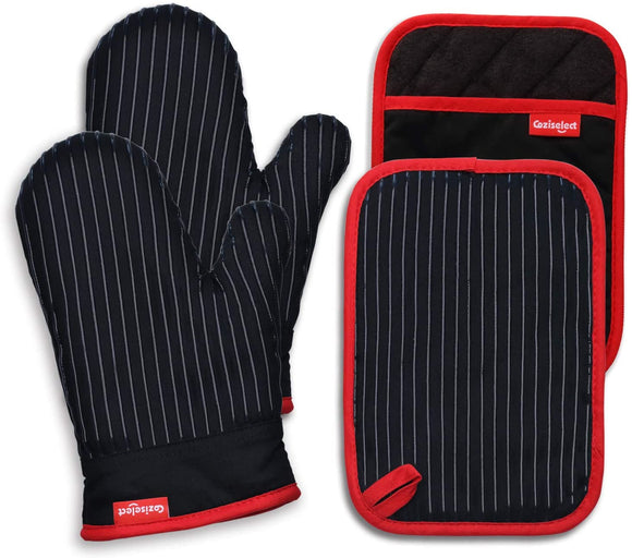 Coziselect Oven Mitts and Pot Holders Set, with Heat Resistance of Silicone, Flexibility of Pure Cotton and Terrycloth Lining, 500 F Heat Resistant, Black