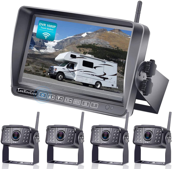 Leekooluu 4 Wireless Backup Cmaeras for RV/Trailer/Camper/Motorhome/Trailer/Trucs/Pickup/Van with 7''FHD 1080P Touch Button Monitor DVR System,Display Full/Split/Quad Screen,IP69K Waterproof Cameras