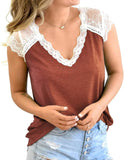 Women Crochet Lace Basic V-Neck T-Shirt Short Sleeve Loose Fitting Tunic