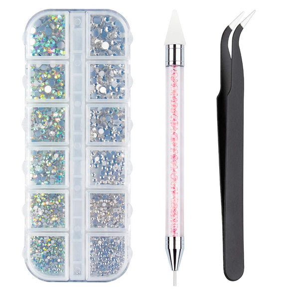 Nail Art Rhinestones Decorations Nail Stones for Nail Art Supplies and Clear Crystal Rhinestones with Pick Up Tweezer and Rhinestone Picker Dotting Pen