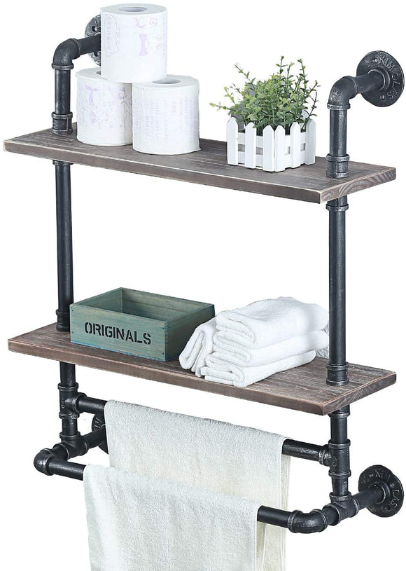 2 Tiered Industrial Pipe Bathroom Shelves Wall Mounted with 2 Towel Bar,24in Rustic Wall Decor Farmhouse Towel Rack,Metal Floating Shelves Towel Holder,Wall Shelf Over Toilet