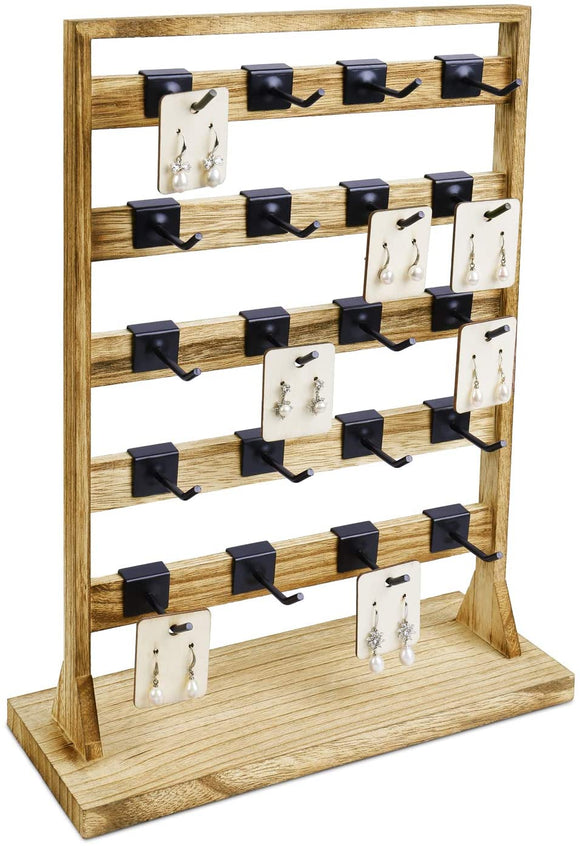 Ikee Design Wooden Jewelry Display Rack Earring Card Storage Display Jewelry Holder Stand with Hooks Jewelry Organizer Accessory Tower for Earring Cards, Necklaces, Keychains, Oak Color