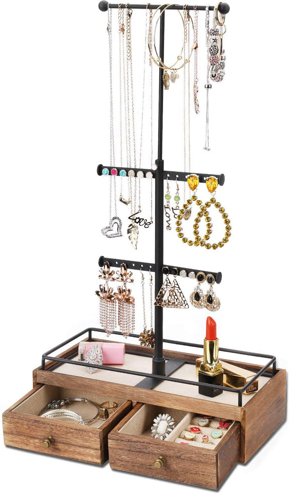 Keebofly Jewelry Organizer Metal & Wood Basic Storage Box - 3 Tier Jewelry Stand for Necklaces Bracelet Earrings Ring Carbonized Black