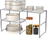 Toplife 2 in 1 Expandable Cabinet Shelf, Stainless Steel Kitchen Organizer Rack for Cabinet, Countertop, Pantry - Rustproof, Silver
