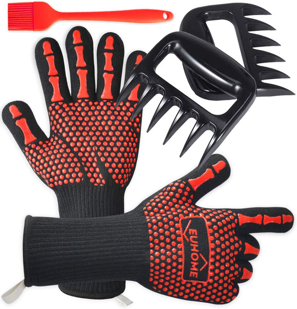 EUHOME 3 in 1 BBQ Gloves Grill Accessories with EN407 Certified Oven Mitts 1472 F° Extremely Heat Resistant Gloves, Grill Brush & BBQ Bear Claws for Men, Grill, Baking, Christmas