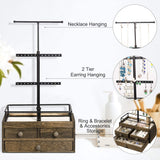 Jewelry Organizer Tower with Double-Layer Wooden Drawer Storage Box - 3 Tier Jewelry Stand for Necklaces, Bracelet, Earrings & Ring Jewelry Tree Jewelry Stand Organizer Metal & Wood