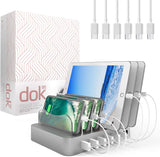 Hercules Tuff Charging Station for Multiple Devices (Silver) - 3 Short Type-C and 3 Short Micro USB Cables Included for Cell Phones, Smart Phones, Tablets, and Other Electronics