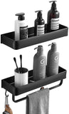 Delysia king Bathroom Shelves with Towel Bar and 5 Hooks,Metal Wall Mounted Storage Shelves Organizer for Bathroom, Kitchen, Set of 2 (Silver)
