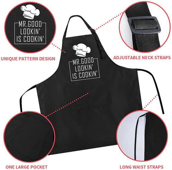 Funny BBQ Black Chef Aprons for Men, Mr Goodlookin' is Cookin', Adjustable Kitchen Cooking Aprons with Pocket Waterproof Oil Proof Father’s Day/Birthday