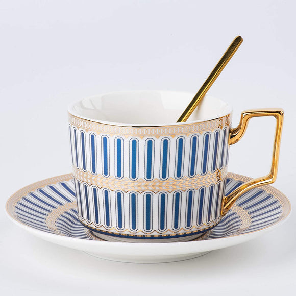 Euro Style Cup& Saucer Set ，6.8oz Bone China Ceramic Beautifulblue Matte Glazed with Saucers & Spoon, Mug with Golden Handle, for Cappuccino, Dessert, Latte, Mocha,Espresso, Modern Design。 (blue)