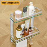 BESy Heavy Duty Lavatory Glass Bathroom Shelf, 2 Tier Tempered Glass Shower Shelves with Towel Bar Wall Mounted, Shower Storage 15 by 5 inches, Dull Polished Finish/Aluminum
