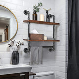 Industrial Pipe Shelf Rustic Wall Shelves with Towel Bar 24" Towel Racks for Bathroom 2-Layer Wood Hanging Shelving