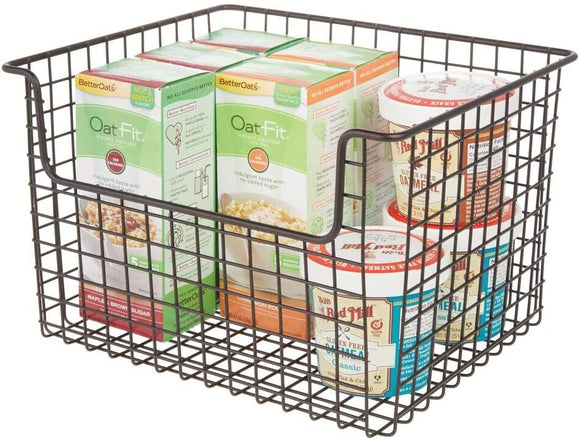 mDesign Metal Kitchen Pantry Food Storage Organizer Basket Bin - Farmhouse Grid Design with Open Front for Cabinets, Cupboards, Shelves - Holds Potatoes, Onions, Fruit - 12