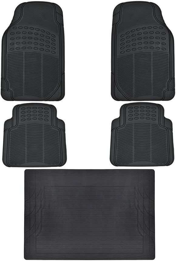 Heavy Duty 5pc Front & Rear Rubber Mats w/Trunk Liner - All Weather Protection - Universal Car Truck SUV - Black