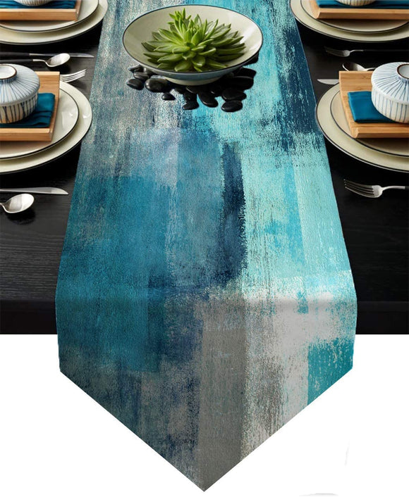 Turquoise and Grey Abstract Linen Table Runner Dresser Scarves Vintage Modern Art Style for Home Decoration and Everyday Use (Turquoise Grey, 13 X 72 Inch)