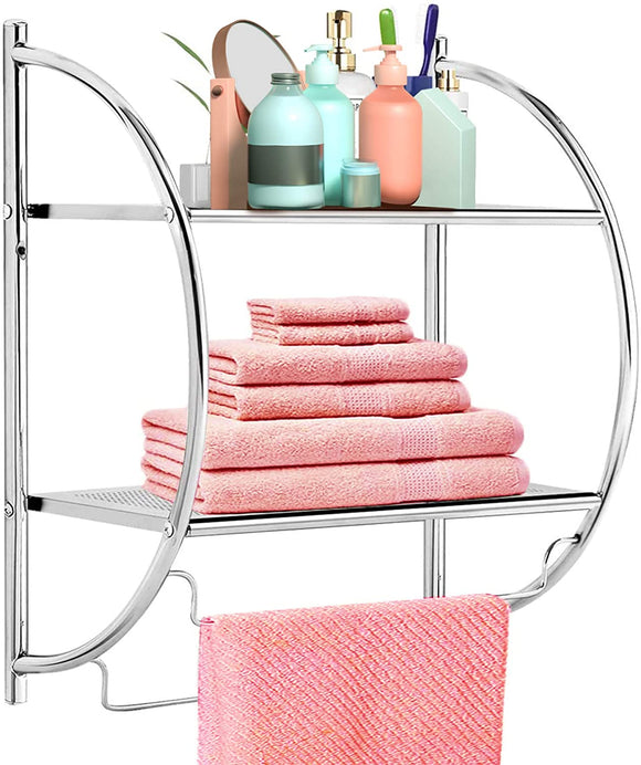 Safeplus Wall Mounted Bathroom Shelf with Towel Bars,2 Tier Bathroom Towel Rack, Rustproof Chrome Shelf with Storage Shelf,18