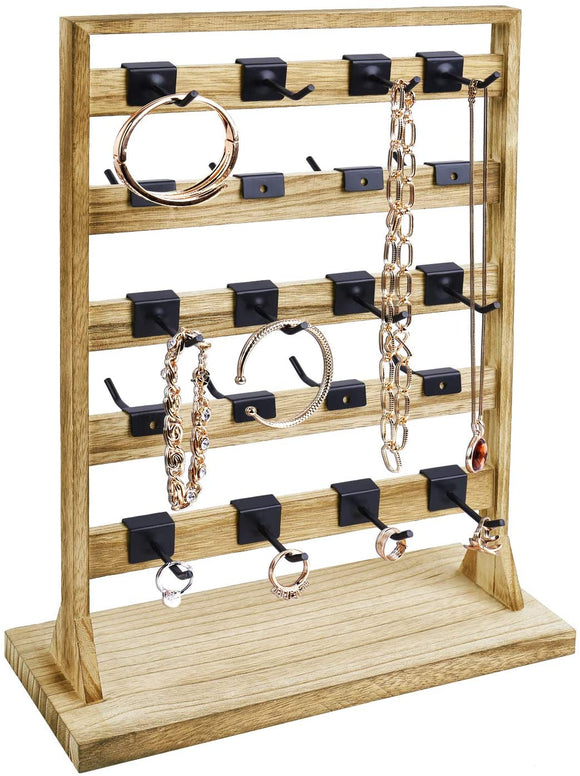 Ikee Design Wooden Jewelry Display Rack Earring Card Storage Display Jewelry Holder Stand with Hooks Jewelry Organizer Accessory Tower for Earring Cards, Necklaces, Keychains, Oak Color
