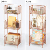 mDesign 3 Tier Vertical Standing Bathroom Shelving Unit, Decorative Metal Storage Organizer Tower Rack Center with 3 Basket Bins to Hold and Organize Bath Towels, Hand Soap, Toiletries - Copper