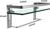 GeekDigg Bathroom Shelf, Tempered Glass Floating Shelves Wall Mounted Storage Shelves with Towel Bar (1 Tier) - Not Brushed Nickel