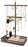 Meangood Jewelry Tree Stand Organizer 3in1 Necklace Organizer Display Bracelet Earrings and Ring Tray Jewelry Holder Hanger Metal（Black）