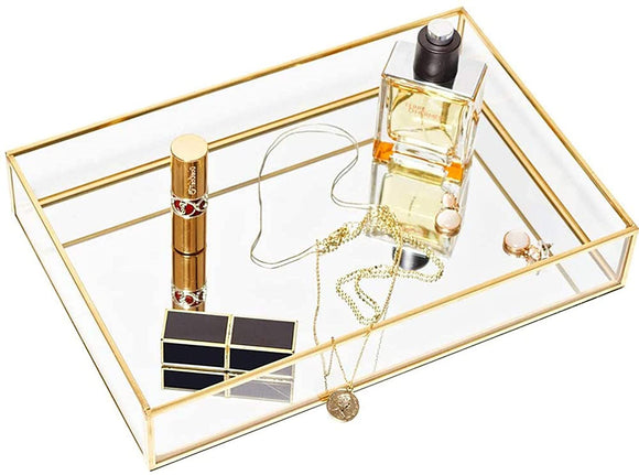 CHICHIC Gold Mirror Tray Jewelry Organizer Vanity Tray Jewelry Tray Perfume Tray Dresser Decorative Tray, Glass Metal Makeup Tray for Bathroom Bedroom Cosmetics storage, 11.8 x 7.9 Inch