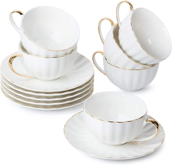 BTaT- Tea Cups and Saucers, Set of 6 (7 oz) with Gold Trim and Gift Box, Cappuccino Cups, Coffee Cups, White Tea Cup Set, British Coffee Cups, Porcelain Tea Set, Latte Cups, Espresso Mug, White Cup