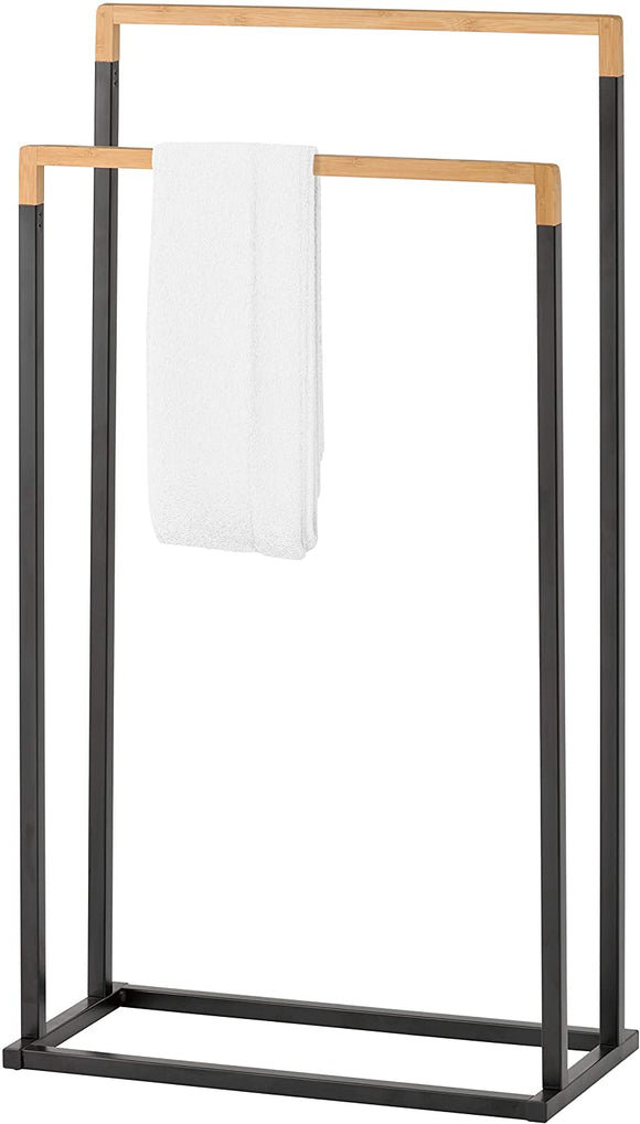 MyGift Freestanding 2-Tier Black Metal and Bamboo Towel Bar Rack