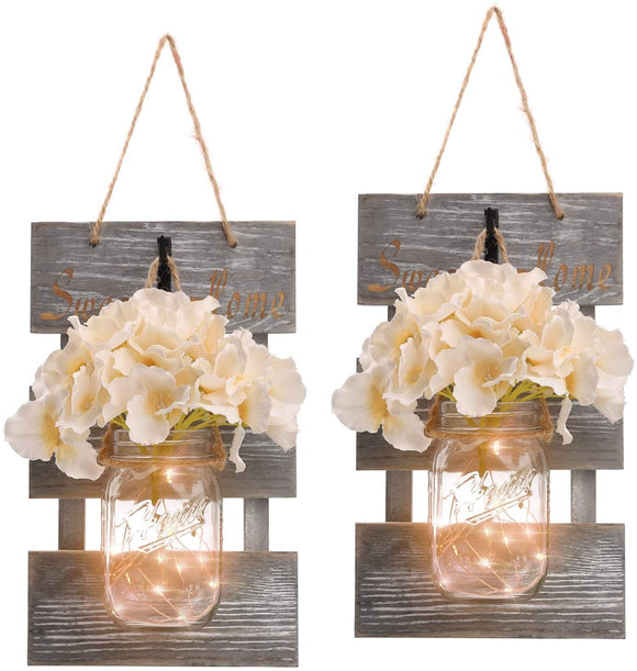 HOMKO Mason Jar Wall Decor with 6-Hour Timer LED Lights and Flowers - Rustic Home Decor (Set of 2)