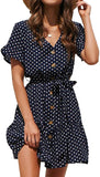 Womens Dresses V Neck Polka Dot Ruffles Mini Sexy Dress Short Sleeve Summer Dresses with Belt