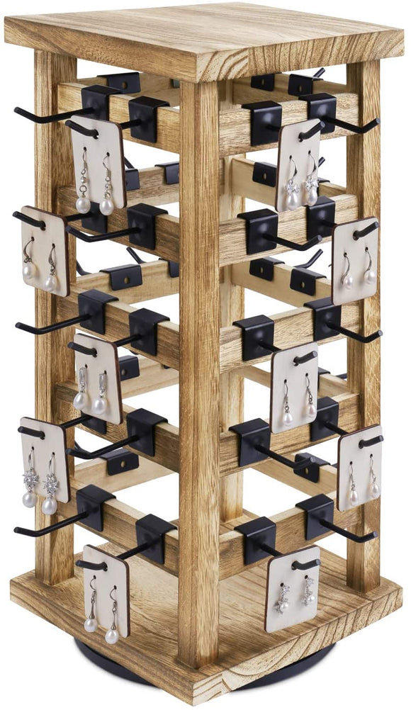 Ikee Design Natural Wood Rotating Jewelry Storage Display, Wooden Hanging Accessories Tower, Holds up to 10 Earring Cards, Oak Color, 7 1/2