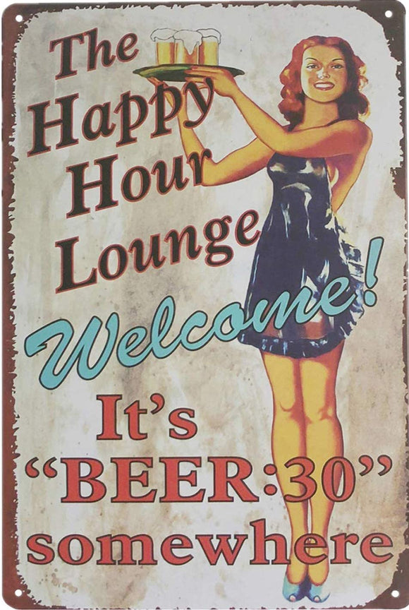 UNIQUELOVER Bar Signs, The Happy Hours Lounge Sign Retro Vintage Metal Tin Signs for Home Bar Decor 12” X 8”