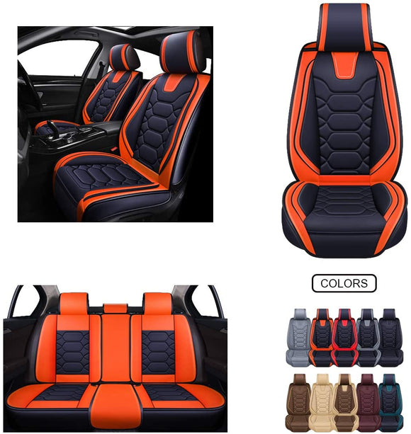 Leather Car Seat Covers, Faux Leatherette Automotive Vehicle Cushion Cover for Cars SUV Pick-up Truck Universal Fit Set for Auto Interior Accessories (OS-004 Full Set, Black&Orange)